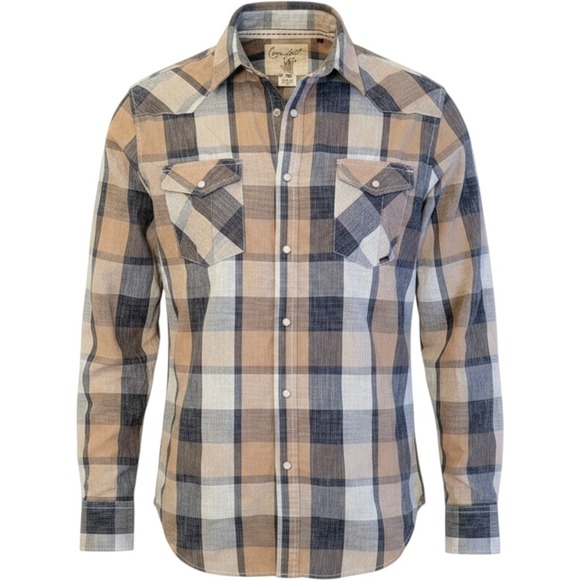 Coastal Other - Coastal Western Pearl‎ Snap Shirt Mens XL Tan Blue Plaid Long Sleeve Excellent